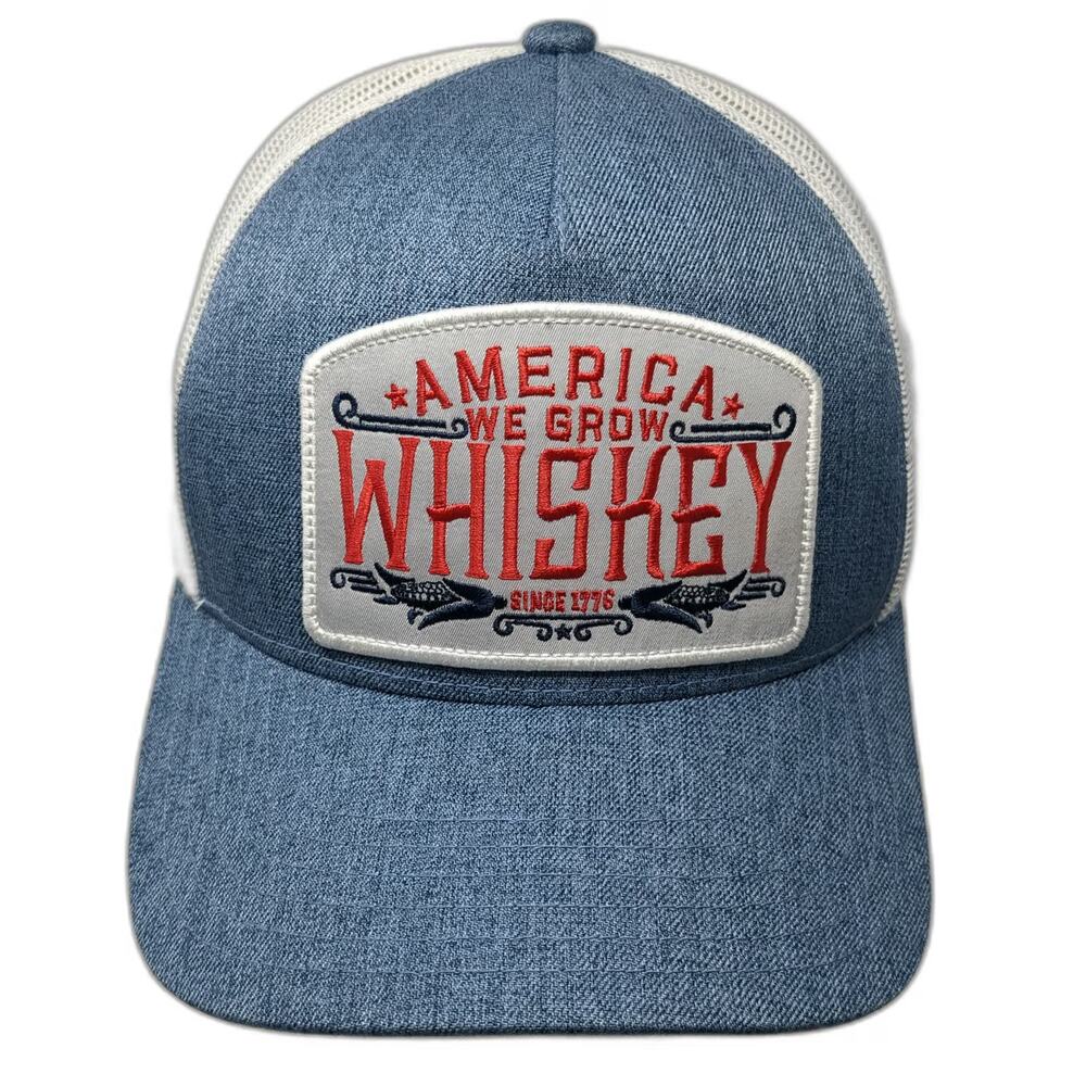 Rural Cloth Trucker Hat Blue One Size America We Grow Whiskey Mesh Back Snapback
